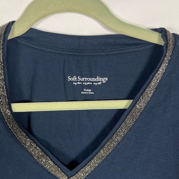 Soft Surroundings Womens XL Beaded V Neck 3/4 Mesh Sleeves Hem Dressy Navy Blue - Picture 6 of 8